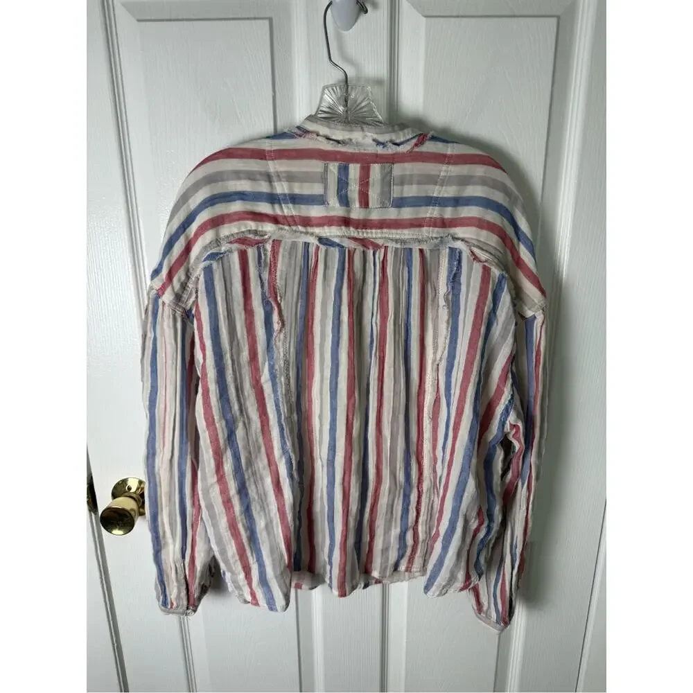 Free People Valley Double Cloth Striped Shirt in Ivory Combo L